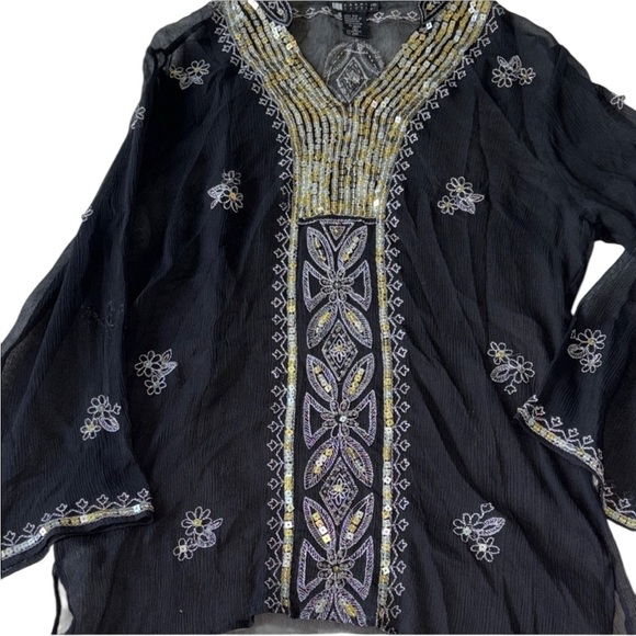 Carole Little Black Embroidered Tunic with Gold & Silver Accents 100% Silk Small - Picture 2 of 4